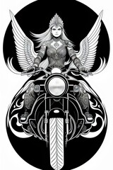 Fototapeta premium an illustration of a fictional woman, goddess, character riding a motorcycle