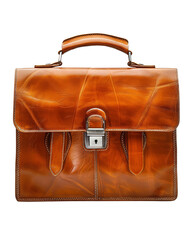 Elegant brown leather briefcase with sturdy handle and secure lock, perfect for business professionals and executive use. isolated PNG transparent background