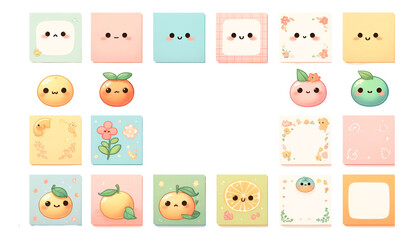 watercolor set of empty cute sticky notes Oranges isolated on transparent background