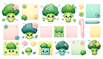 Obraz premium watercolor set of empty cute sticky notes Broccoli isolated on transparent background