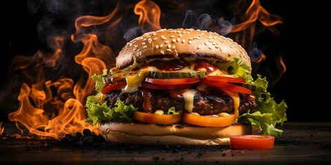 Dynamic burger menu with smoke and flames on a black background. Concept Food Photography, Creative Background, Smoke Effects, Flame Elements, Fast Food Art