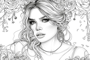Fototapeta premium A woman with long blonde hair and a necklace is the main subject of the image. The background features a floral design, which adds a touch of elegance and femininity to the scene