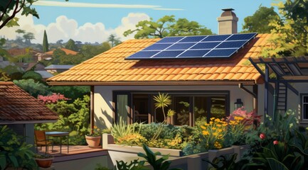 Obraz premium a modern house proudly displays its solar panels atop the classic architecture, embraced by the verdant embrace of surrounding trees.