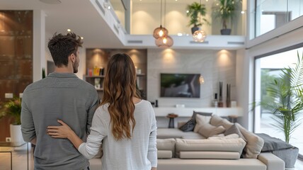 A couple admiring the interior of a modern, open-concept living room with stylish decor and large windows providing ample natural light.