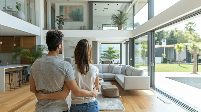 A couple stands inside their modern home with large windows and open space, looking out into their garden on a sunny day.