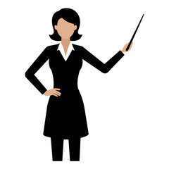 a teacher with a pointer to the lecture. Young woman vector silhouette isolated white background