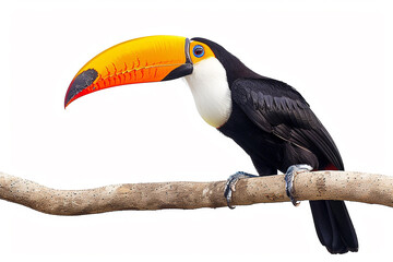 Naklejka premium photo of full body toucan on wood branch isolated, white background