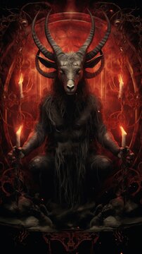 Gothic Tarot Art - Sinister Illustration of The Devil Card with Menacing Goat, Fiery Eyes, and Dark Flames