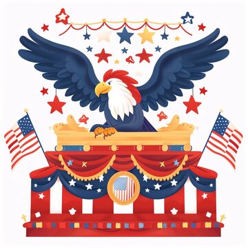 A Parade float with a large eagle and patriotic symbols