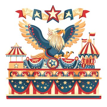 A Parade float with a large eagle and patriotic symbols