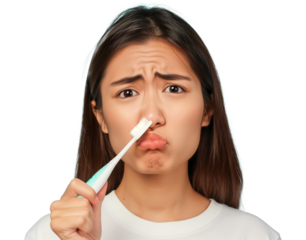Displeased Young Asian Woman Holding a Toothbrush on Transparent Background
