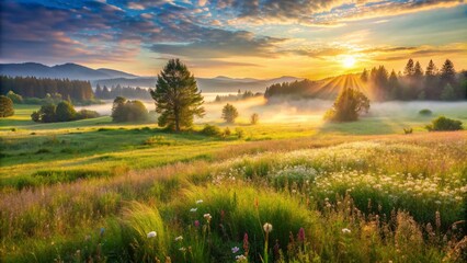 Fototapeta premium sunset in green meadow field and mountain