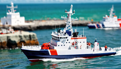 Naklejka premium A Coast Guard boat cleaves the waves of the sea. Sunny weather. U.S. Coast Guard Day 