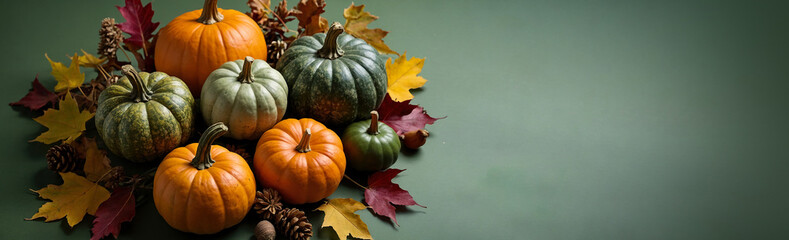 Background with orange pumpkins and fall leaves on a green background, Thanksgiving day concept