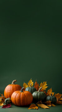 Background with orange pumpkins and fall leaves on a green background, Thanksgiving day concept