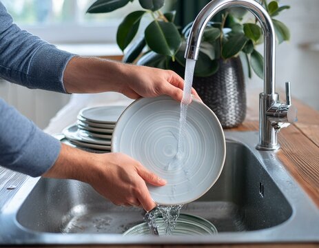 Primer&iacute;ssimo primer plano de un  joven fregando los platos, en el fregadero