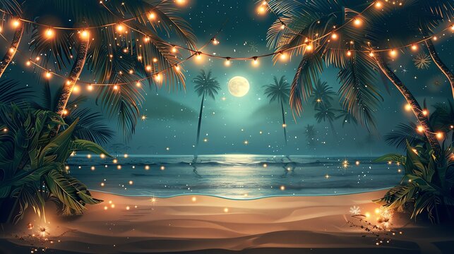 Beach party invitation template with Christmas lights strung between palm trees and festive decorations.