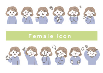 ボブヘアの女性の上半身イラストセット
