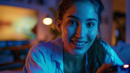 Fototapeta premium Close up shot of the smiling beautiful girl gamer holding a game controller, with tv screen on the background