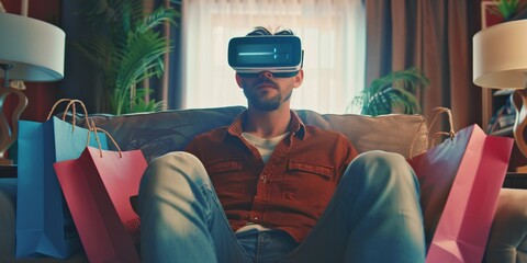 A white man using VR goggles to shop and sitting on a couch with bags, utilizing technology. Variance.