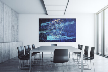 Creative concept of code skull illustration on presentation screen in a modern conference room....