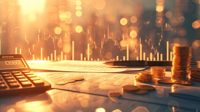 A photo of financial documents, coins and calculator on table with bokeh background. Shot by Nikon D850 camera with E series zoom lens at F24, shutter speed is set to an aperture f/36 for shallow
