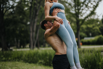 A man lifts his girlfriend in the park, showcasing strength, love, and togetherness during a joyful...