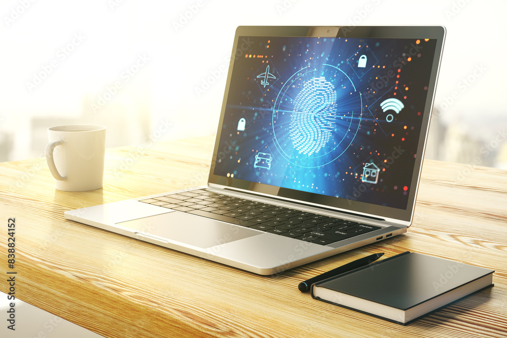 Aufkleber Computer monitor with abstract fingerprint scan interface, digital access concept. 3D Rendering
