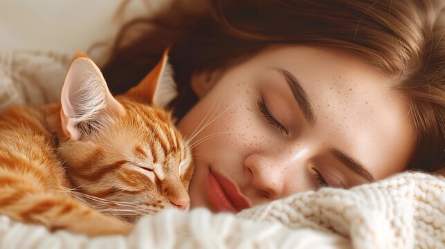A woman sleeps with her adorable feline companion in bed, peacefully dreaming under the covers in a cozy bedroom.