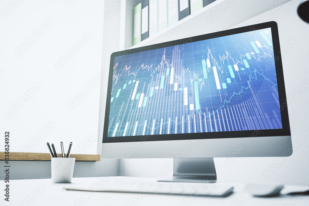 Poster Modern computer display with abstract financial graph, financial and trading concept. 3D Rendering