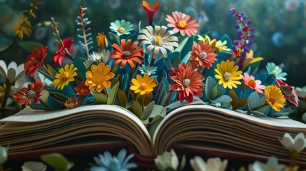 An open book with paper flowers on top of it