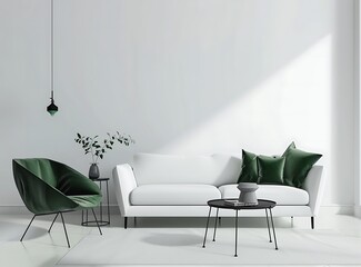 White living room interior with a white sofa, green armchair and black metal coffee tables on a light floor