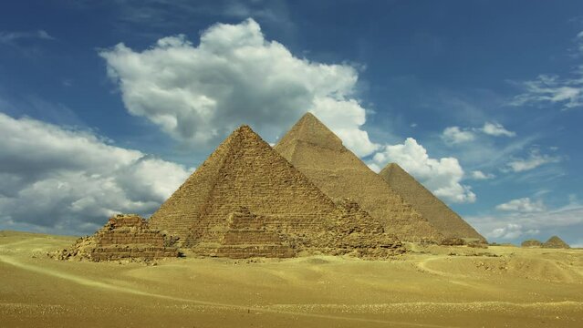 Timelapse with clouds over great pyramids at Giza Cairo in Egypt, 4k