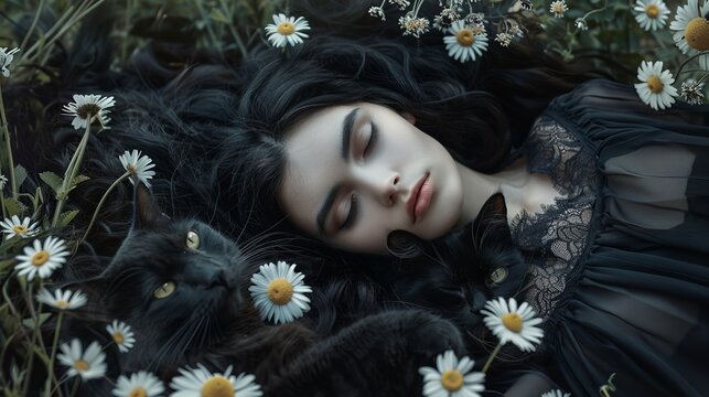 A woman laying in a field of flowers with a cat