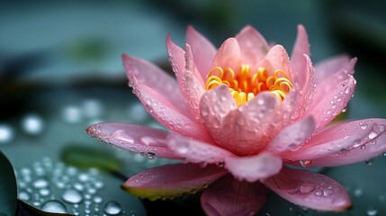 A pink flower with droplets of water on it. The flower is surrounded by water, giving it a serene and calming atmosphere. Generative ai illustration.