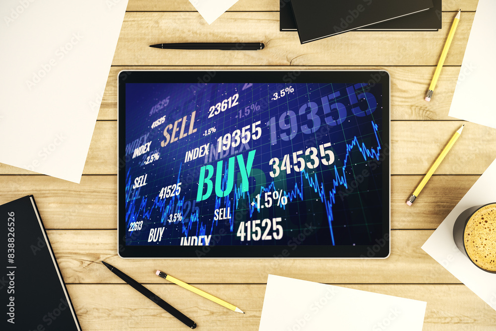 Poster Top view of abstract creative financial graph on modern digital tablet screen, forex and investment concept. 3D Rendering
