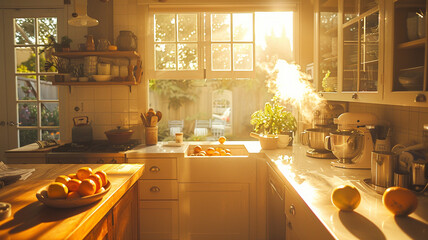 The setting sun casts a warm glow over a traditional kitchen with white cabinets, a large window, and various cooking utensils and ingredients on the countertops.