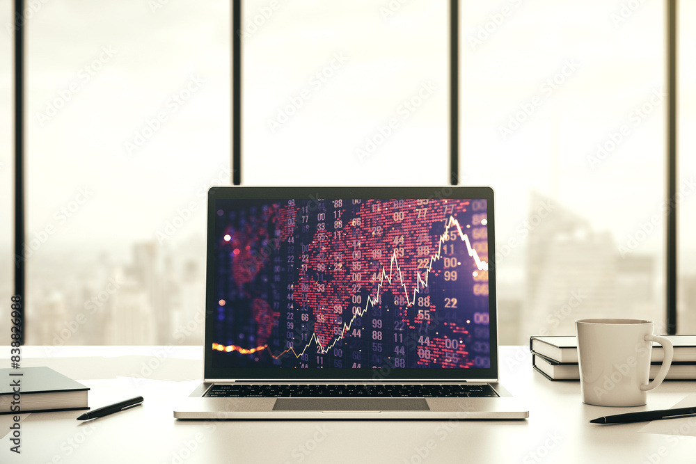 Leinwandbilder abstract creative financial diagram with world map on modern computer monitor, banking and accountin