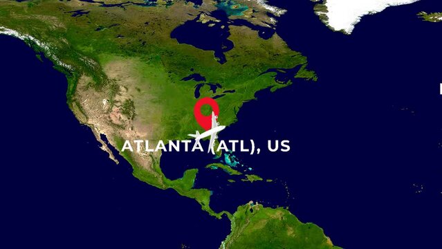 International flight travel route from ATLANTA (ATL), US to PARIS CHARLES DE GAULLE (CDG), FR on worlds map in 4K