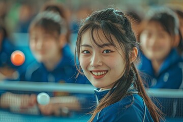 a group of Smiling Beautiful japanese female Table Tennis players wearing blue Sportswear trying to hit the pinpong ball.