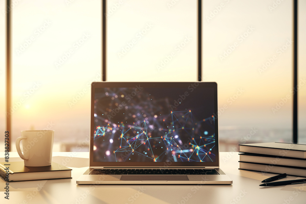 Aufkleber Modern computer monitor with technology desktop. Research and development software concept. 3D Rendering