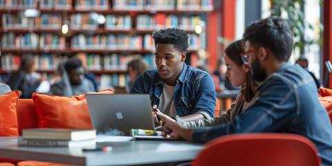 Diverse Group of Students Collaborating on a Project in a Modern Library