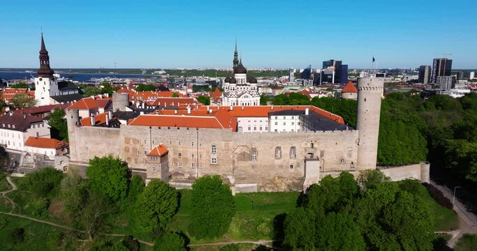 Orbiting Drone Shot Above Toompea Castle (Pikk Hermann, Tall Hermann). Old Town Tallinn Estonia