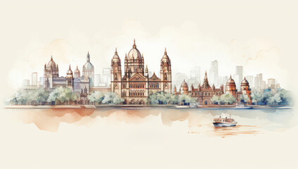 Obraz premium Watercolor splash with hand drawn sketch of Gateway of India Mumbai, India in illustration