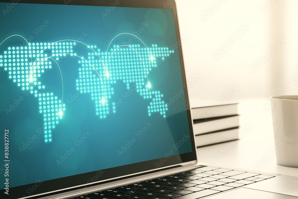 Poster abstract creative world map with connections on modern laptop screen, international trading concept.
