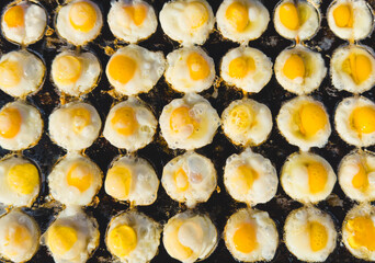 Fried eggs on the counter. Street food of Thailand