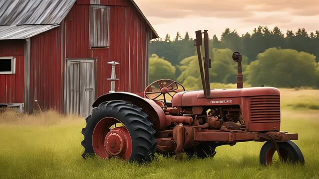 A tractor in front of a red barn on a farm
