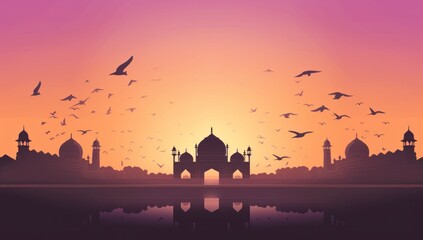 Fototapeta premium illustration of a silhouette of an Indian palace with birds flying against a sunset background