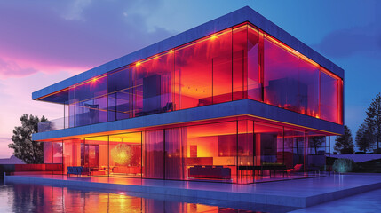 Obraz premium Two-story townhouse with glass walls and concrete structure illuminated by neon lights. Concept of modern urban architecture and contemporary living.