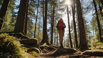 Adventure, travel, hiking, and romantic strolling among trees on a vacation at an outdoor park. Trekking, a sustainable getaway with a partner in the sunshine, rocks, and forest with a guy and woman 